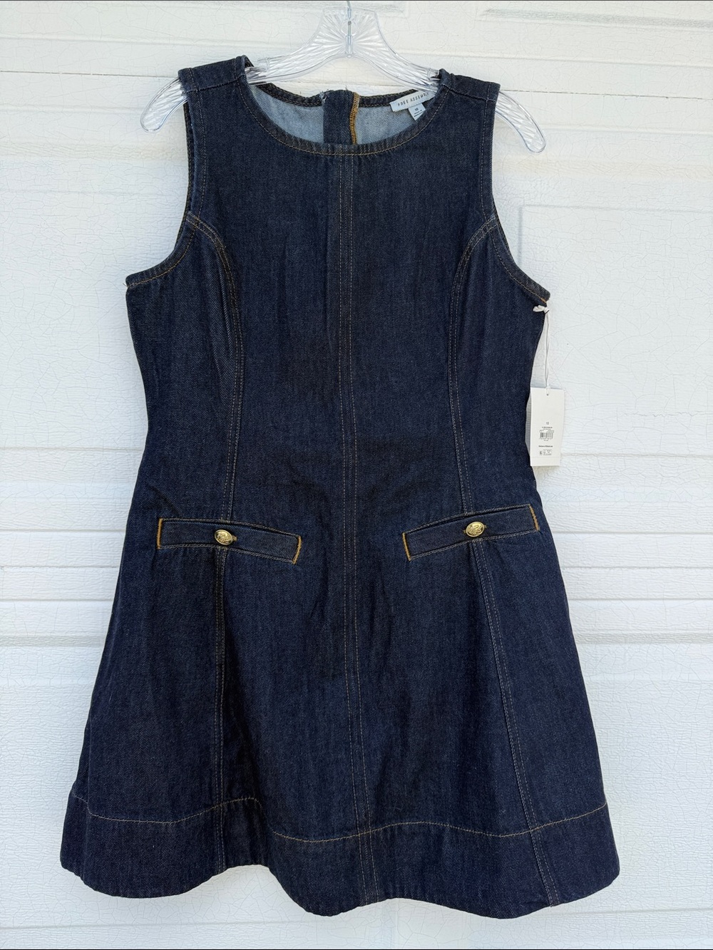 NWT Free Assembly Denim Mini Dress Sleeveless A-Line Dark Wash Gold Buttons sz10